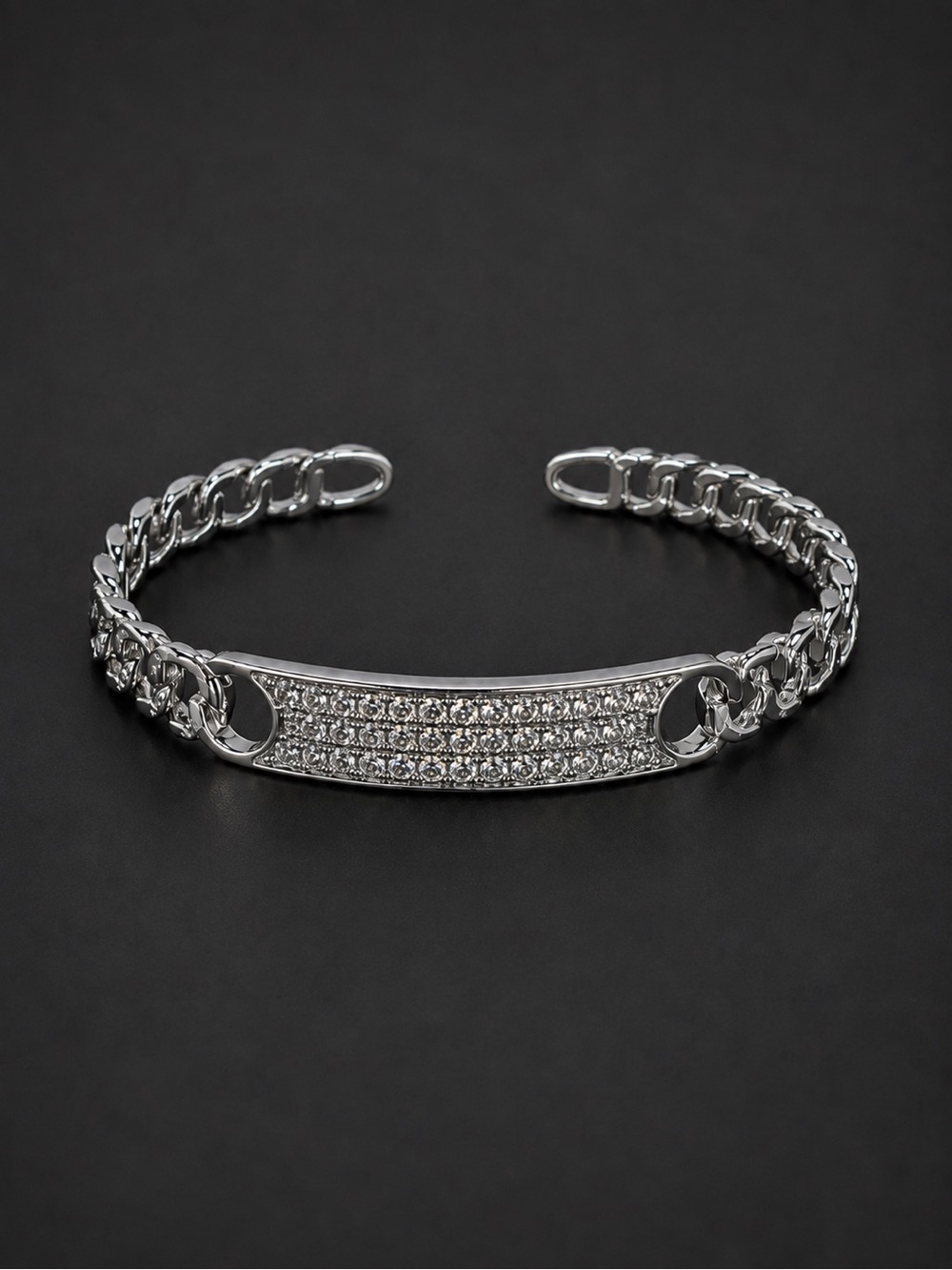 Silver-Tone Crystal Bar Open Cuff Chain Bracelet